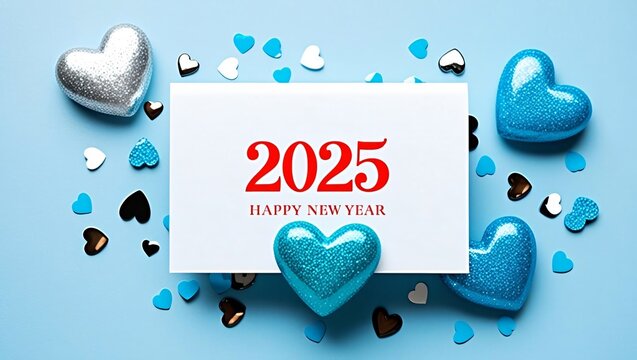 Festive New Year 2025 greeting card with decorative hearts on a blue background.