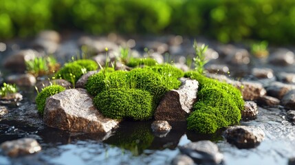 Lush green moss growing on rocks in a serene water setting.