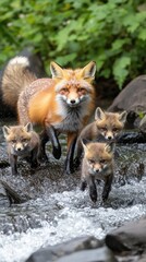 Fototapeta premium A red fox and her three kits wade through a stream surrounded by lush greenery.