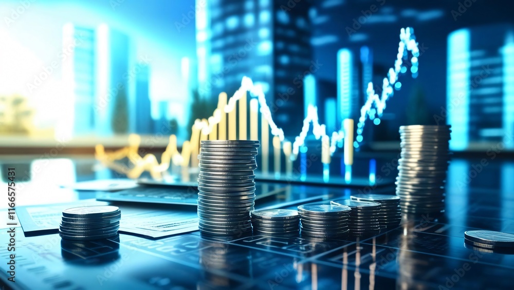 Poster stacks of coins on a table with a rising graph and cityscape in the background, symbolizing financia