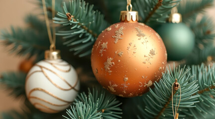 copper green decorative spheres on artificial tree
