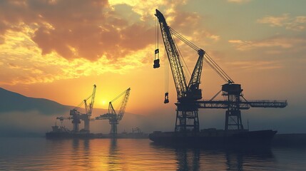 Obraz premium Large Metal Cranes at Sunset Lifting Materials Over Water