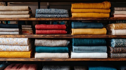 Neatly stacked colorful textiles on wooden shelves.