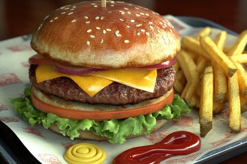 A delicious burger with cheese, lettuce, tomato, and fries on a tray.