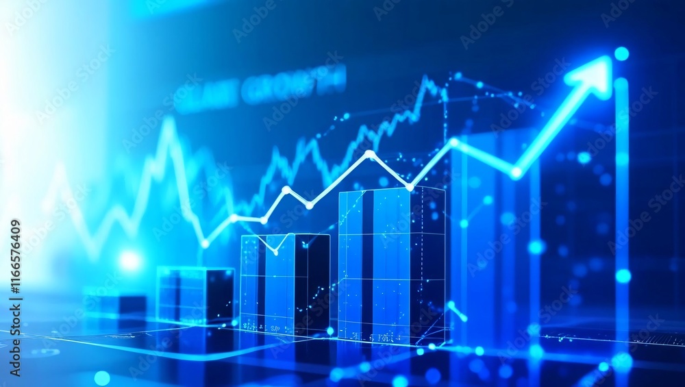 Poster abstract data visualization with blue graphs and rising bars indicating growth trends.