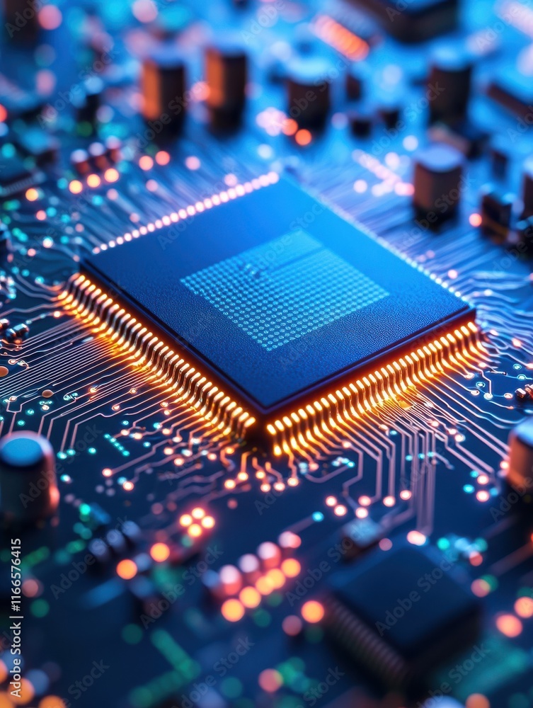 Poster abstract circuitry. technology of electronic computer hardware on a background of circuit board