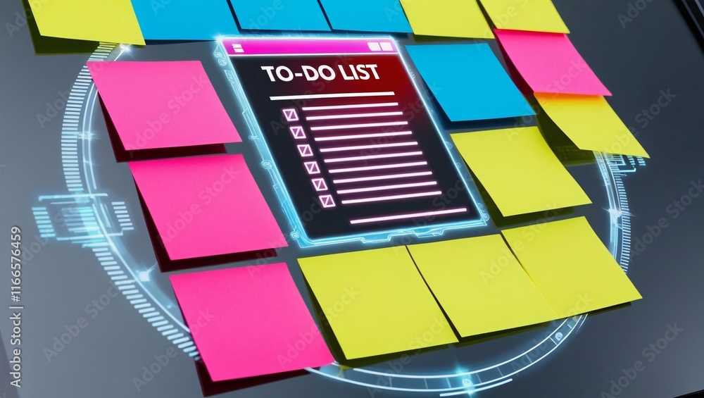 Poster colorful sticky notes surround a digital to-do list on a sleek surface, representing task management