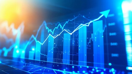 Digital financial graphs show an upward trend with blue tones and glowing effects, symbolizing growth and analytics.