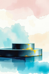 two-tiered cylindrical display platforms with golden accents