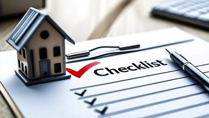 Miniature house beside a checklist and pen, symbolizing property management or home buying tasks.