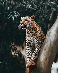 Naklejka premium A leopard perched on a tree branch, showcasing its striking coat and serene demeanor.