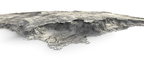 A textured 3D model of a rugged terrain or geological formation.