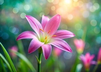 Fototapeta premium Pink Rain Lily Zephyranthes Liliifolia Flower Blooming Closeup, Copy Space Right