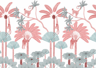 Jungle animals, Monkey and trees isolated. Hand drawn tropical vintage botanical landscape with palm trees, banana trees, palm leaves and monkeys. © Nature Vector