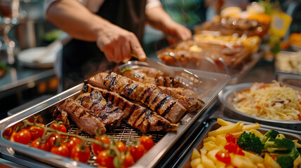 Obraz premium Group of people on catering buffet food indoor in restaurant with grilled meat