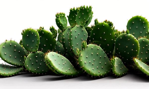 A cluster of green cactus pads with spines against a white background.