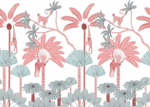 Jungle animals, Monkey and trees isolated. Hand drawn tropical vintage botanical landscape with palm trees, banana trees, palm leaves and monkeys.