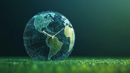 Low poly wireframe earth clock, symbolizing the depletion of land resources, on a green background