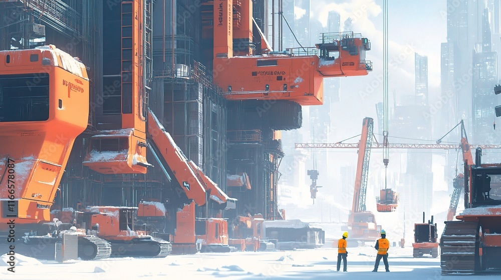 Aufkleber modern construction site with large scale machines in action