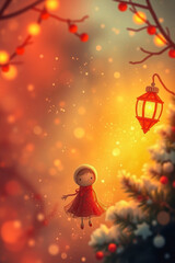 Naklejka premium smiling girl red dress floats festive winter scene