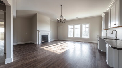 New and empty house with white wall, light, fire place and kitchen countertop , just completed, ready to move in