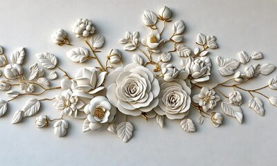 Elegant white floral wall art with intricate details and golden accents. - Powered by Adobe