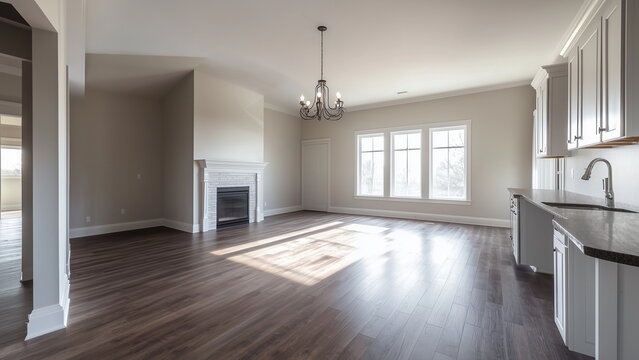 New and empty house with white wall, light, fire place and kitchen countertop , just completed, ready to move in