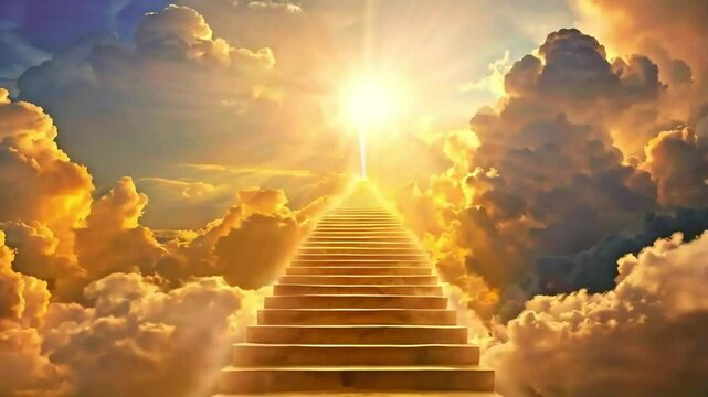 Golden stairway ascending to heaven through bright clouds and sunlight.