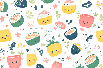 A playful pattern featuring cute sushi and desserts with cheerful faces and floral elements.
