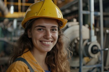 Cheerful woman in hardhat poses confidently in workshop.