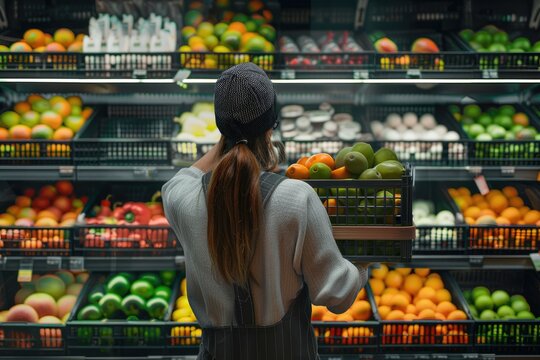 Female supermarket worker stocking fruit department with crate of fruits. - Powered by Adobe
