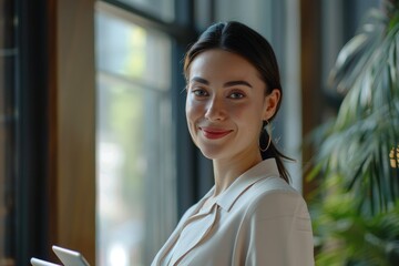 Confident female sales manager in modern office with tablet.