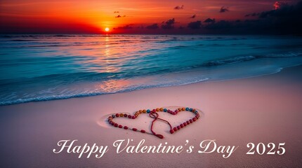 Beach sunset creates a romantic scene with two sand drawn hearts below. The text overlay reads, "Happy Valentine's Day 2025" - Powered by Adobe