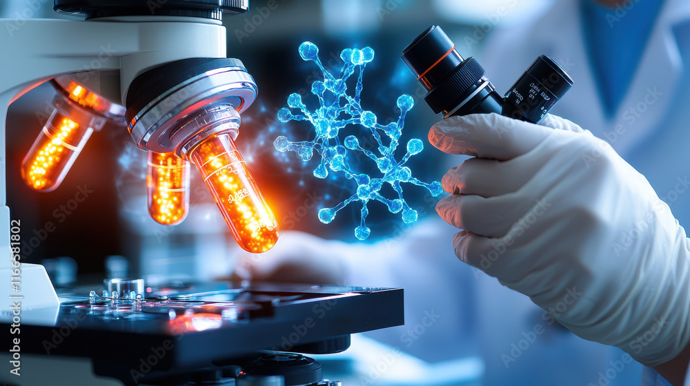 Poster biologist analyzing cell regeneration progress using microscope and glowing test tubes, showcasing scientific research and innovation in laboratory setting