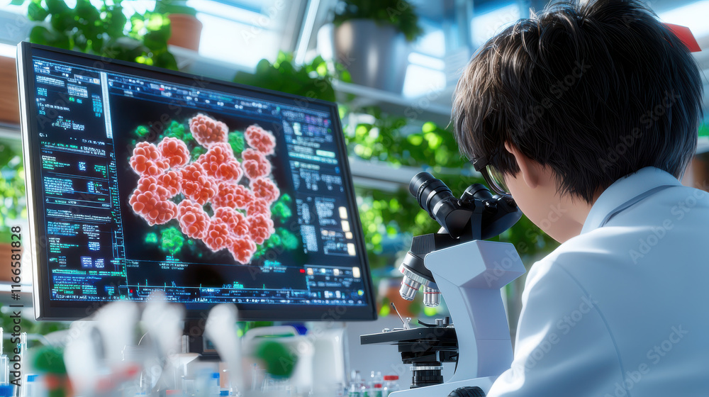 Poster biotechnologist analyzing stem cells under microscope in lab. vibrant colors of cells are displayed 