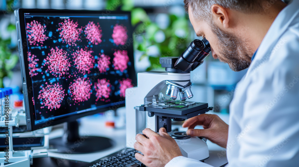 Poster biotechnologist examines stem cells under microscope, showcasing advanced lab work. vibrant digital display highlights cellular structures, emphasizing scientific research