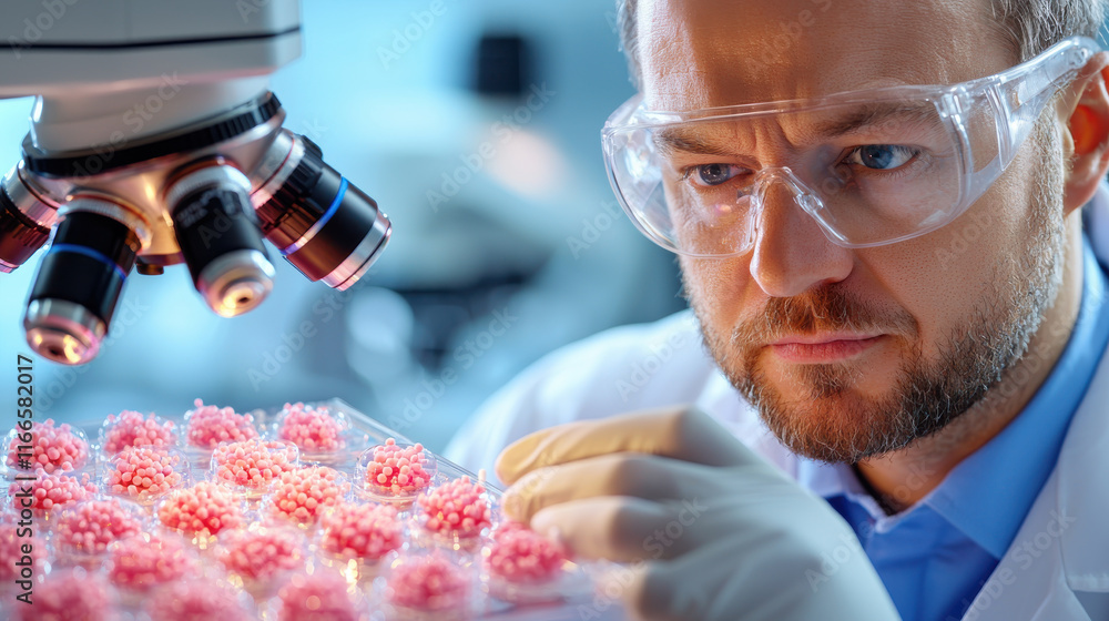 Poster biotechnologist examines cultured cells under microscope, showcasing precision and focus in laborato