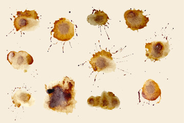 Set of isolated grunge coffee splash paint, coffee cup ring, vintage coffee art