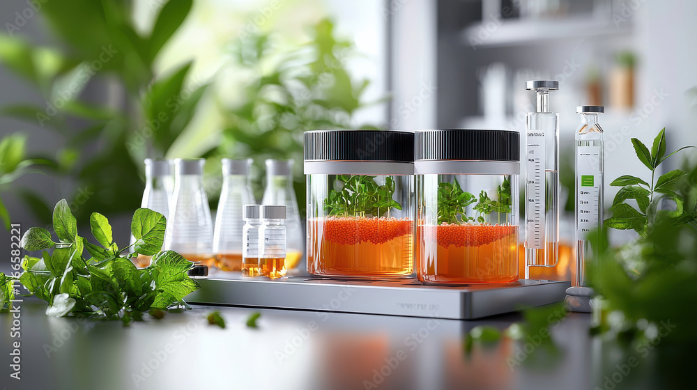 Poster biotechnology lab setting with researchers conducting experiments using vibrant orange solutions and