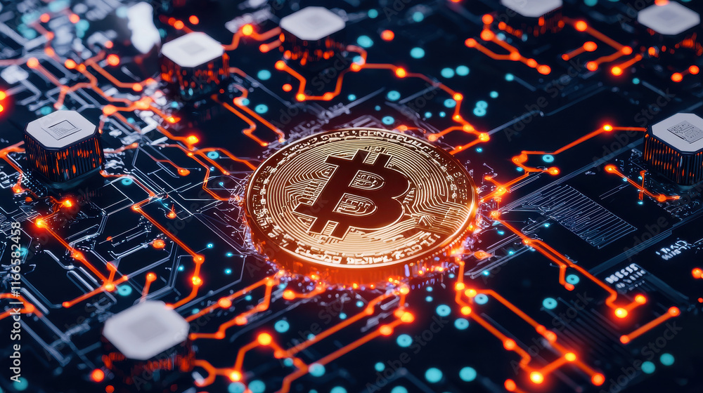 Aufkleber digital representation of cryptocurrency coin on circuit board, showcasing interconnected technology and vibrant colors. image highlights concept of blockchain and digital finance