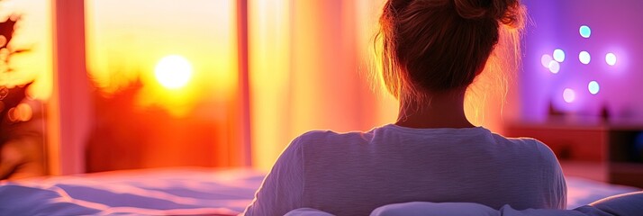 Young woman meditating in bed before sleep, peaceful bedroom, mindful bedtime routine concept 