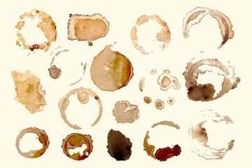 Set of isolated grunge coffee splash paint, coffee cup ring, vintage coffee art