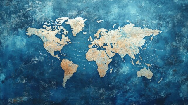 light blue background with a digital world map and global network connections, representing the concept of international business or connectivity