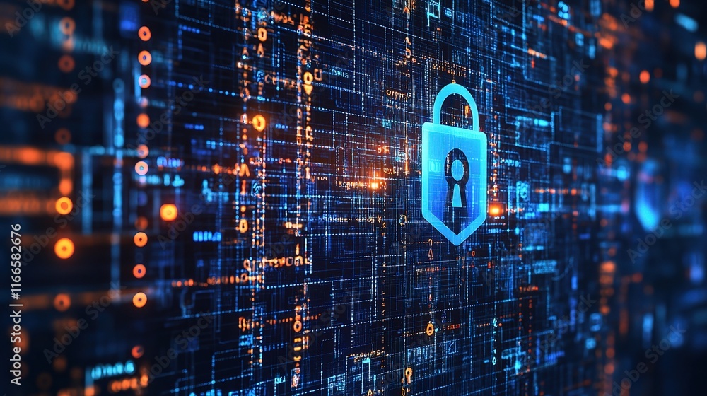 Poster cybersecurity lock: a glowing blue padlock icon stands out against a complex backdrop of digital cod
