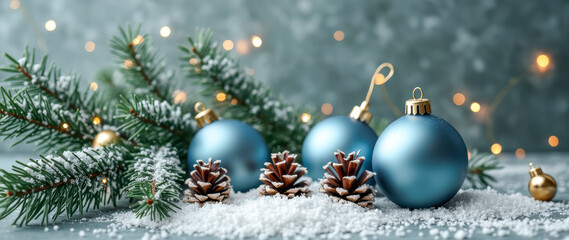 Obraz premium snow-covered evergreen branch with blue spheres pine cones