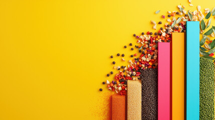 Vibrant display of spices and seeds arranged in colorful bars on bright yellow background, showcasing diversity of global spice market