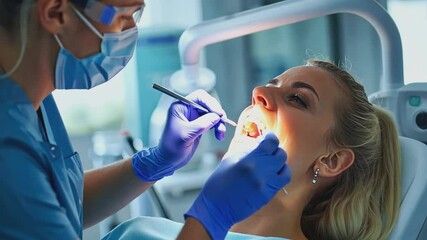 Close-up view of a dentist performing a dental examination on a female patient. Focus on precision and care.