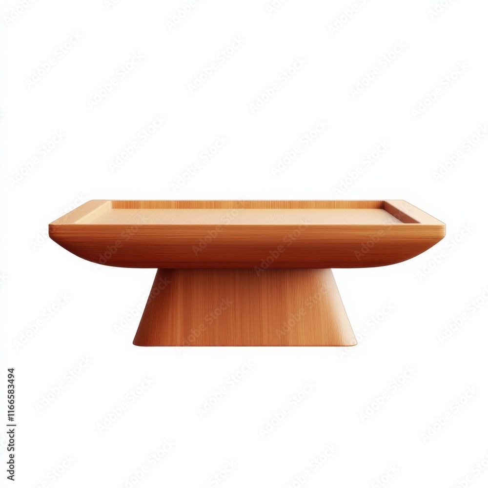 Poster a modern wooden table with a minimalist design featuring a rectangular top and a unique pedestal bas