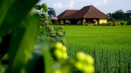 Obraz premium Lush Green Rice Paddy Field with Traditional House in Background Rural Asian Scenery