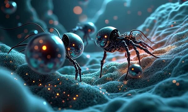 Swarm of nanobots repairing damaged cells inside a human body with glowing metallic textures and intricate biological details